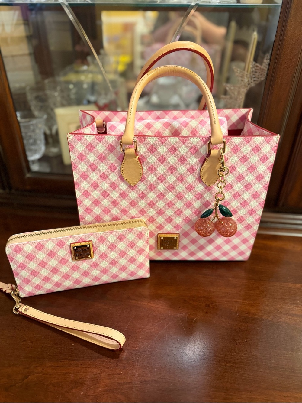 Dooney & Bourke Pink Gingham Tote with Matching Wallet and Cherry Charm
